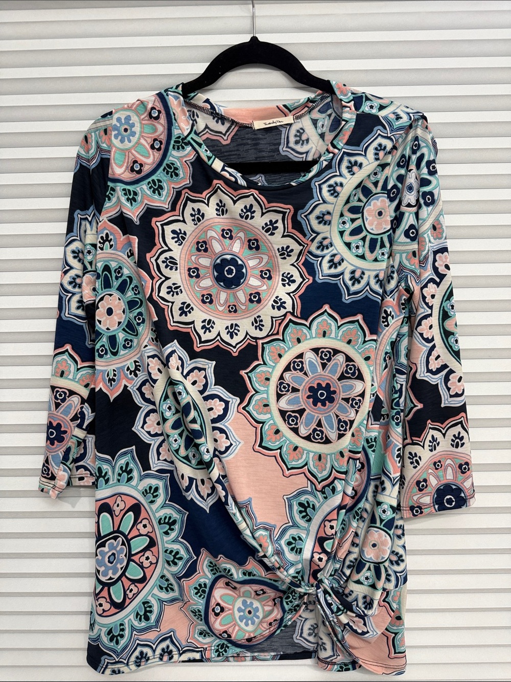 Navy, Pink & Mint Knot-Front Long Sleeve Top